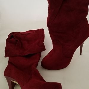 Maroon velvet knee high boots